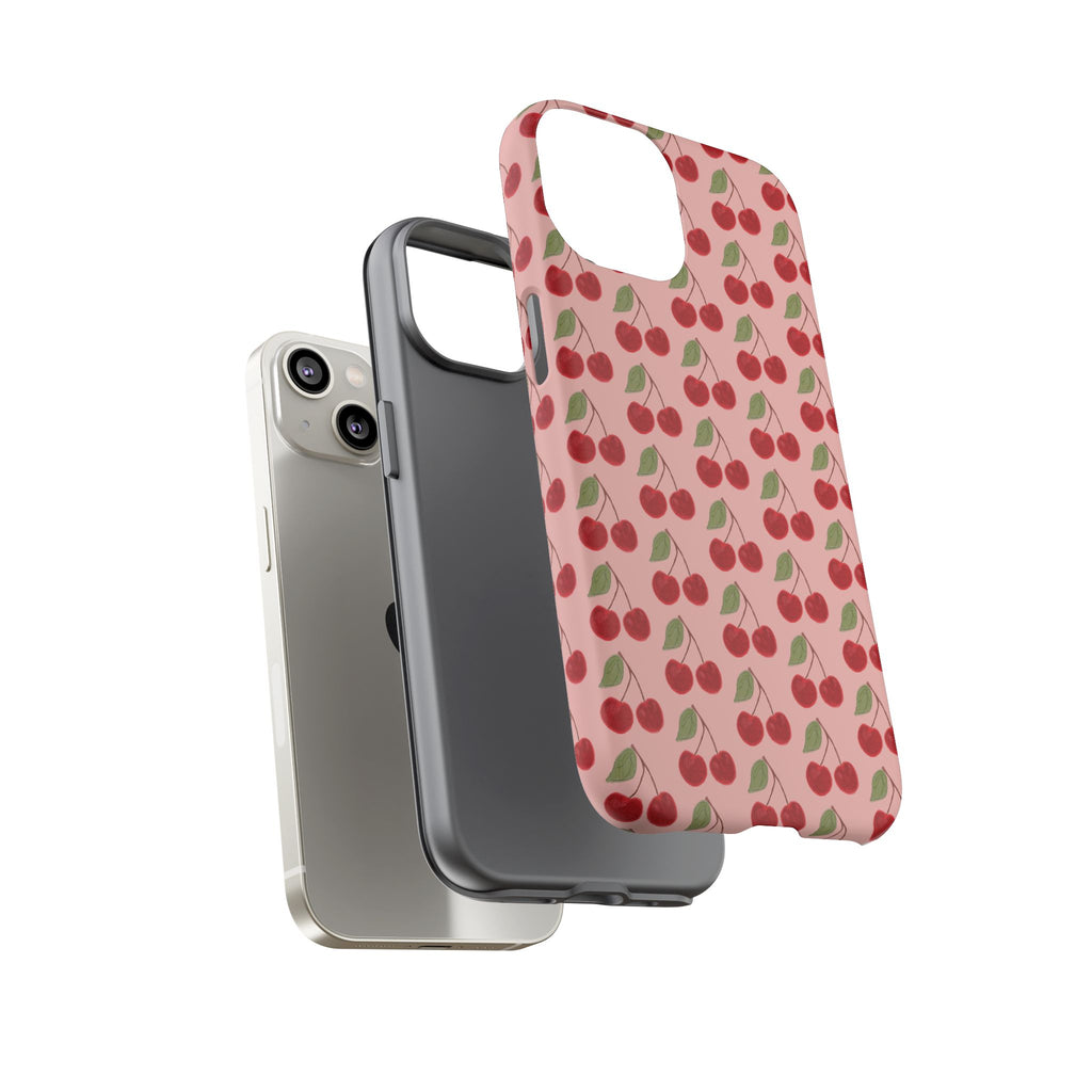 Cherry Pattern Tough Phone Case — Cute Pink Retro Fruit Protective Cover