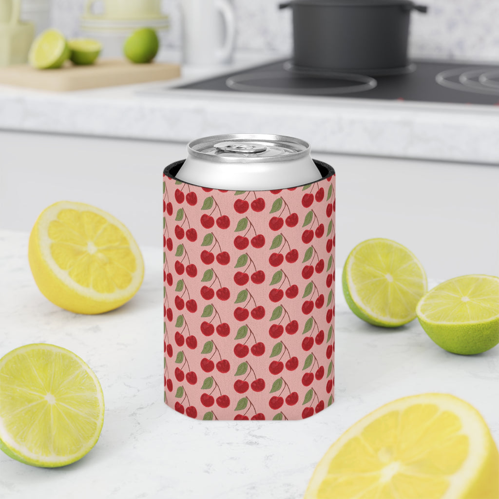Cherry Pattern Can Cooler — Retro Pink Cherry Drink Koozie