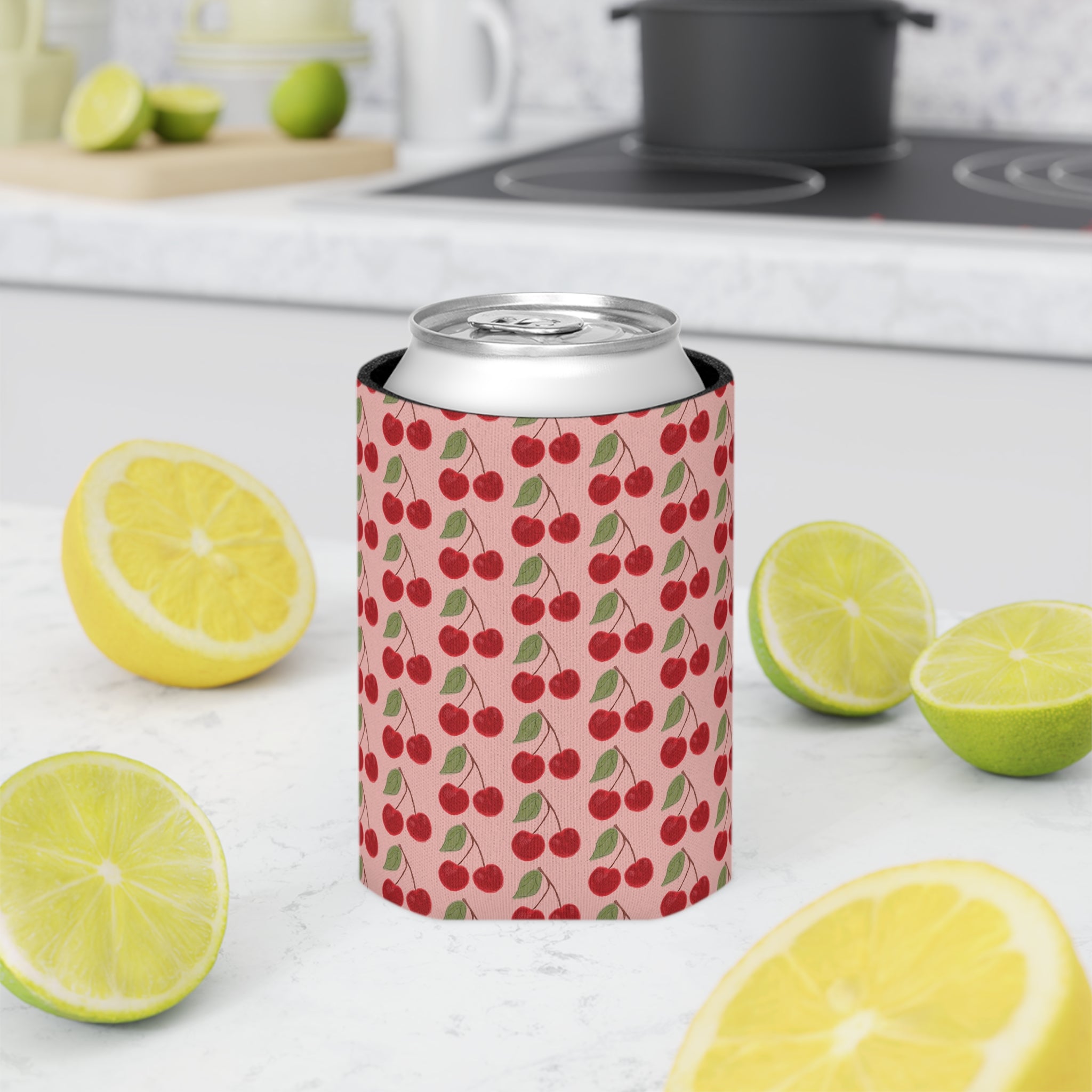 Cherry Pattern Can Cooler — Retro Pink Cherry Drink Koozie