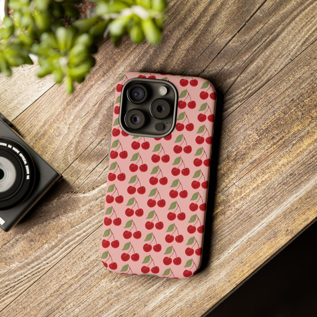 Cherry Pattern Tough Phone Case — Cute Pink Retro Fruit Protective Cover