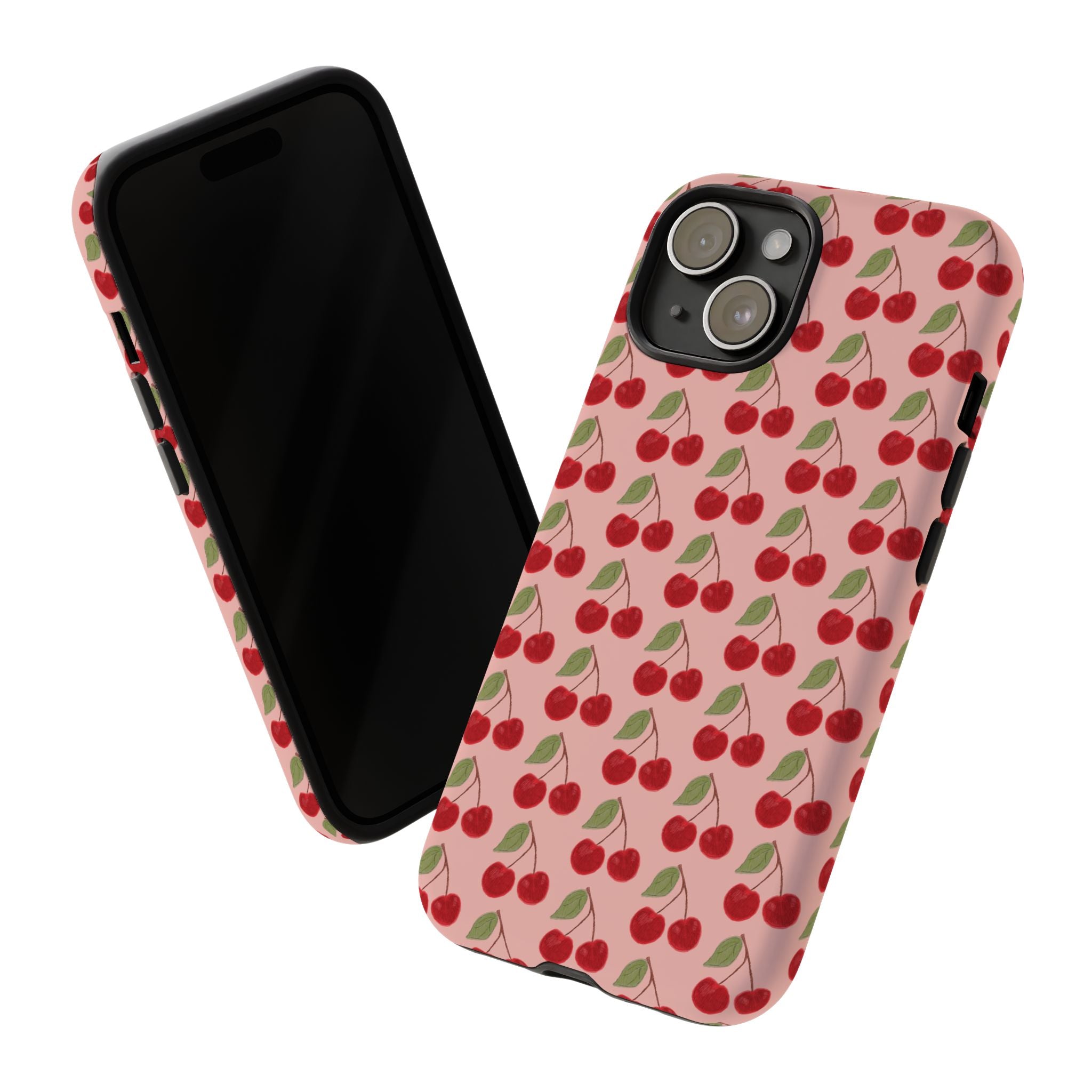 Cherry Pattern Tough Phone Case — Cute Pink Retro Fruit Protective Cover
