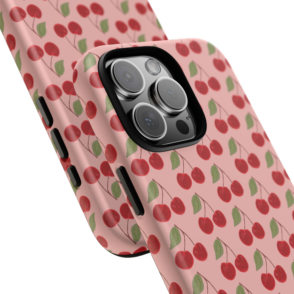Cherry Pattern Tough Phone Case — Cute Pink Retro Fruit Protective Cover