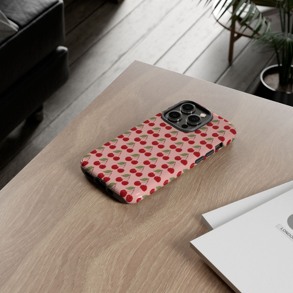Cherry Pattern Tough Phone Case — Cute Pink Retro Fruit Protective Cover