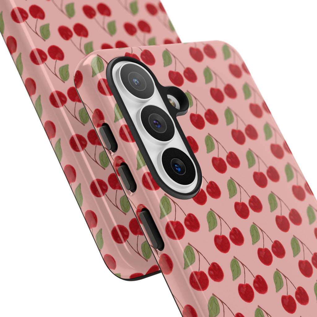Cherry Pattern Tough Phone Case — Cute Pink Retro Fruit Protective Cover