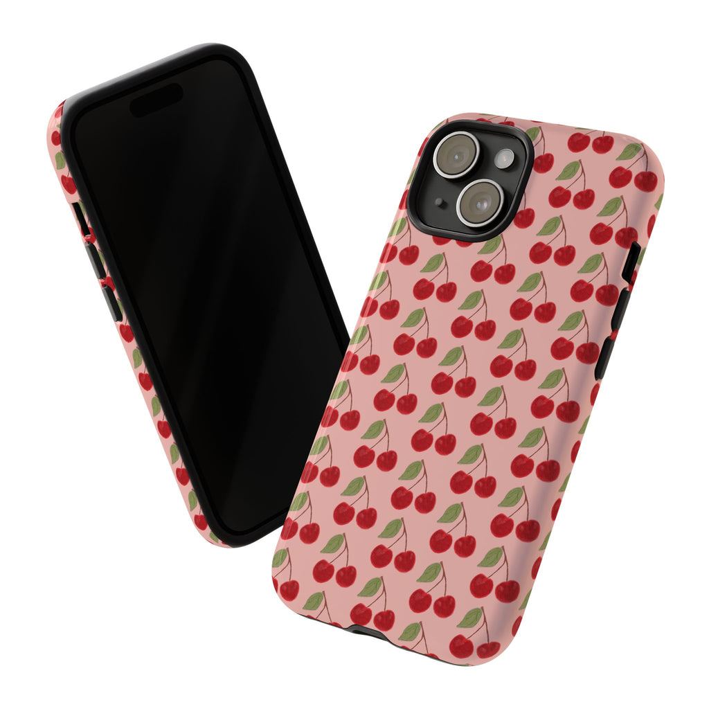 Cherry Pattern Tough Phone Case — Cute Pink Retro Fruit Protective Cover