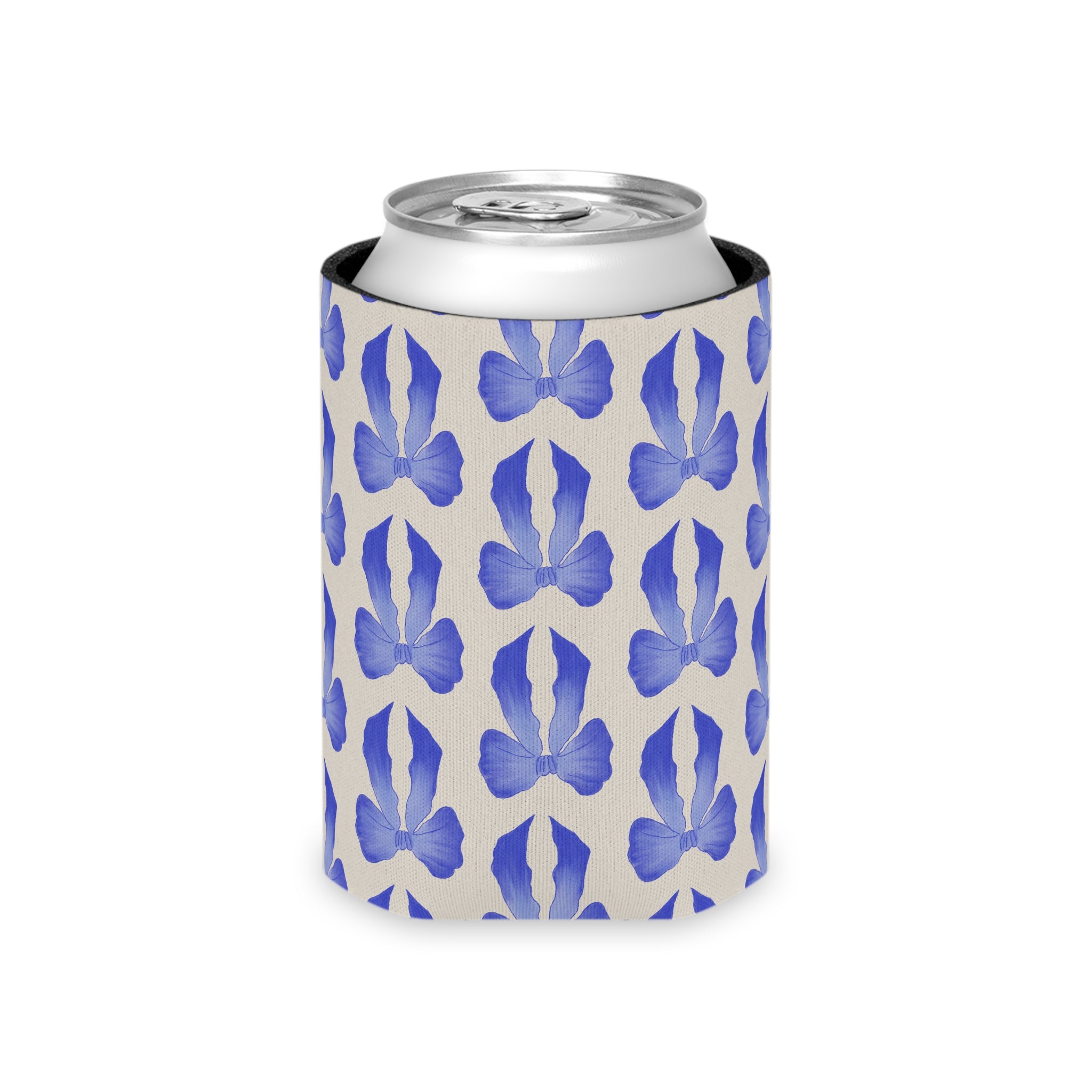 Can Cooler — Blue Watercolor Bow Pattern Drink Insulator