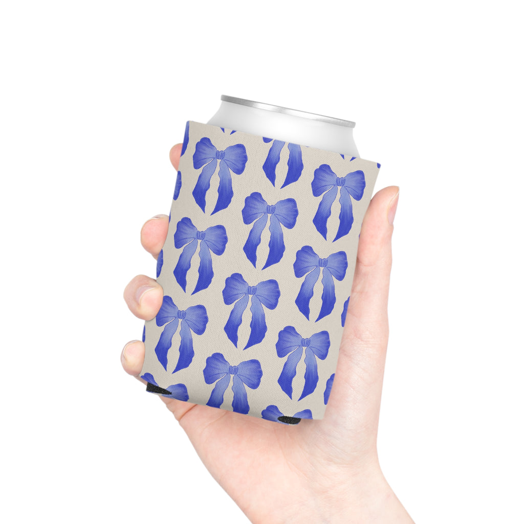 Can Cooler — Blue Watercolor Bow Pattern Drink Insulator