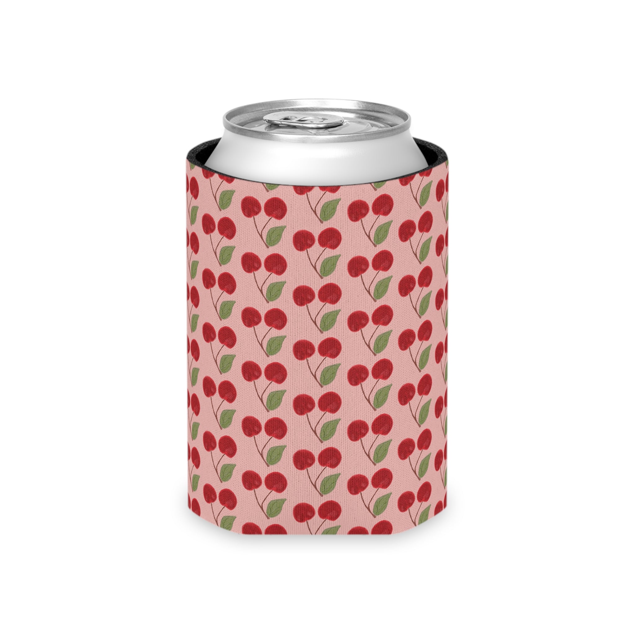 Cherry Pattern Can Cooler — Retro Pink Cherry Drink Koozie