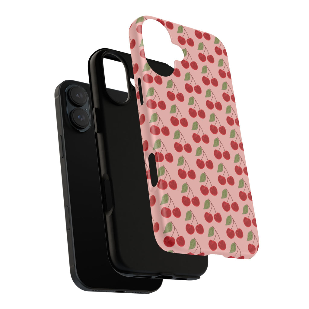 Cherry Pattern Tough Phone Case — Cute Pink Retro Fruit Protective Cover