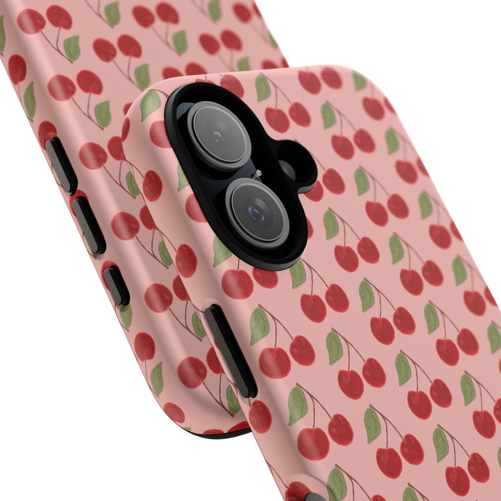Cherry Pattern Tough Phone Case — Cute Pink Retro Fruit Protective Cover