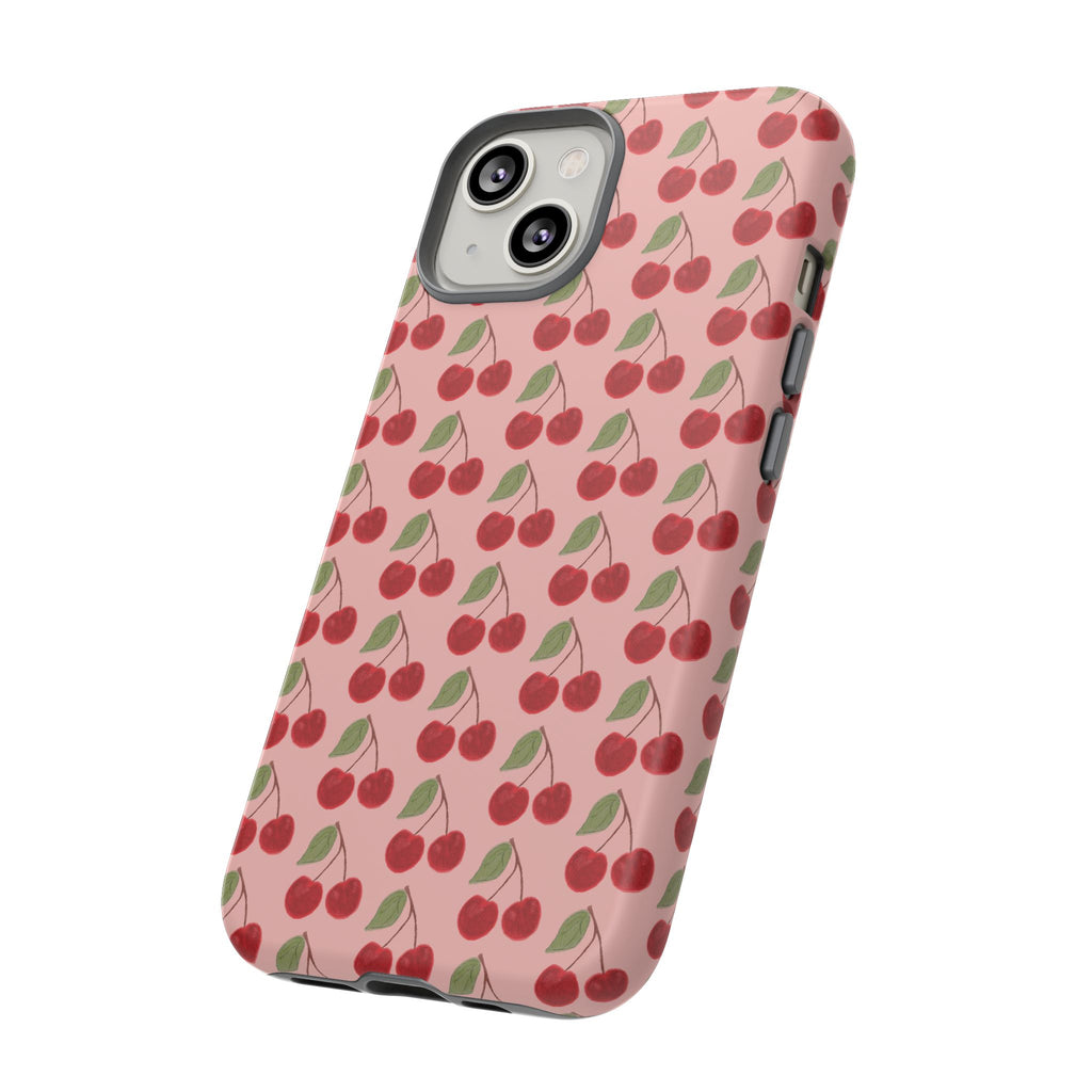 Cherry Pattern Tough Phone Case — Cute Pink Retro Fruit Protective Cover