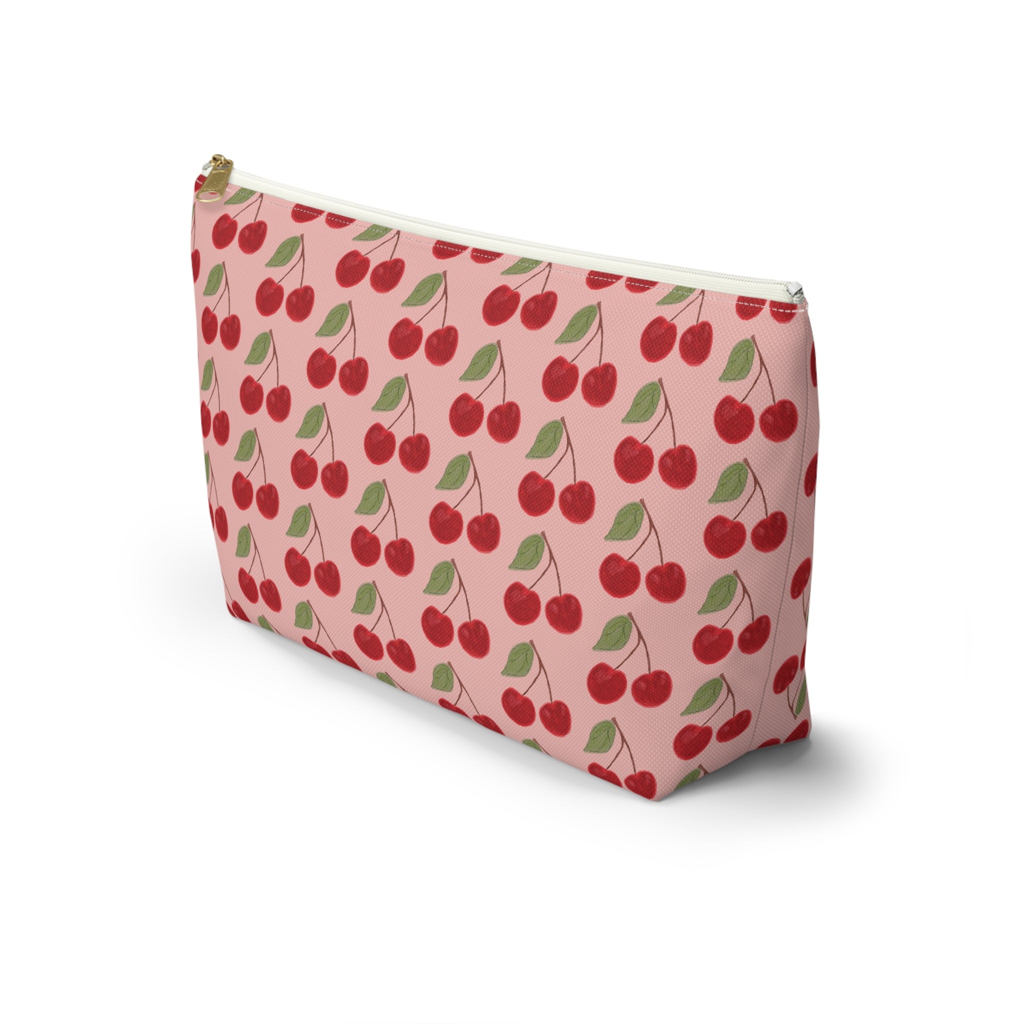 Cherry Pattern Accessory Pouch — Pink Cosmetic Bag with T-Bottom