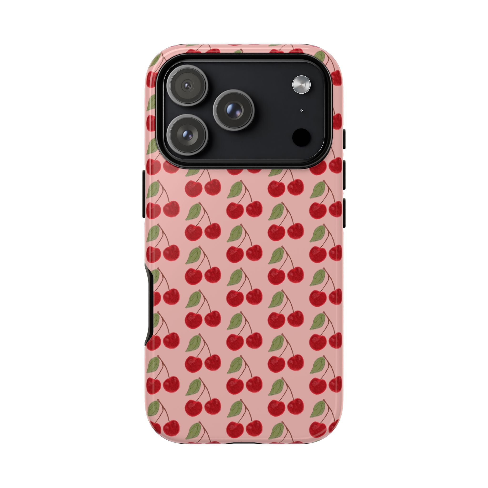 Cherry Pattern Tough Phone Case — Cute Pink Retro Fruit Protective Cover