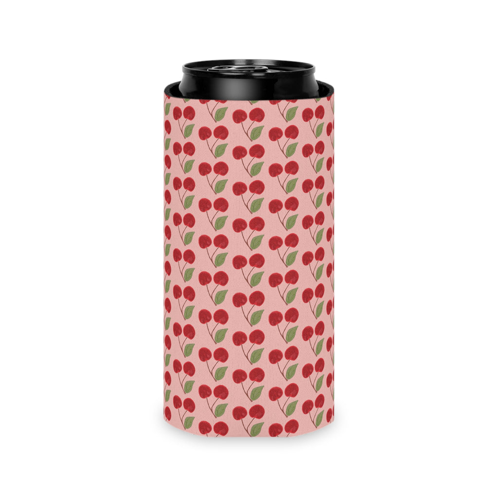 Cherry Pattern Can Cooler — Retro Pink Cherry Drink Koozie