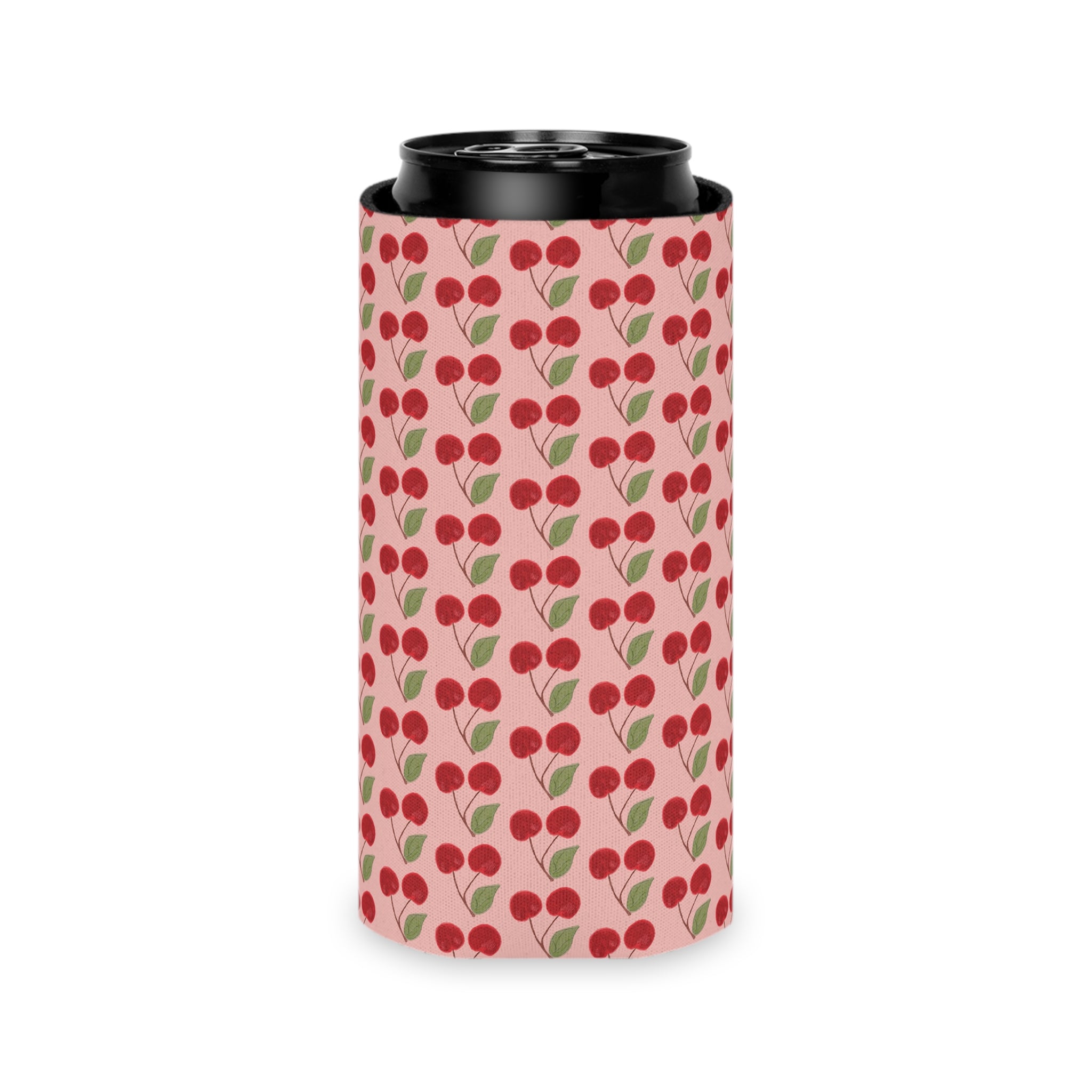 Cherry Pattern Can Cooler — Retro Pink Cherry Drink Koozie