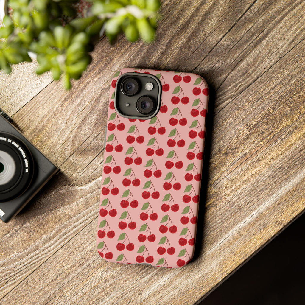 Cherry Pattern Tough Phone Case — Cute Pink Retro Fruit Protective Cover
