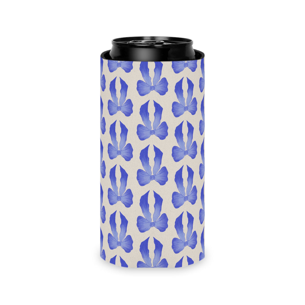 Can Cooler — Blue Watercolor Bow Pattern Drink Insulator