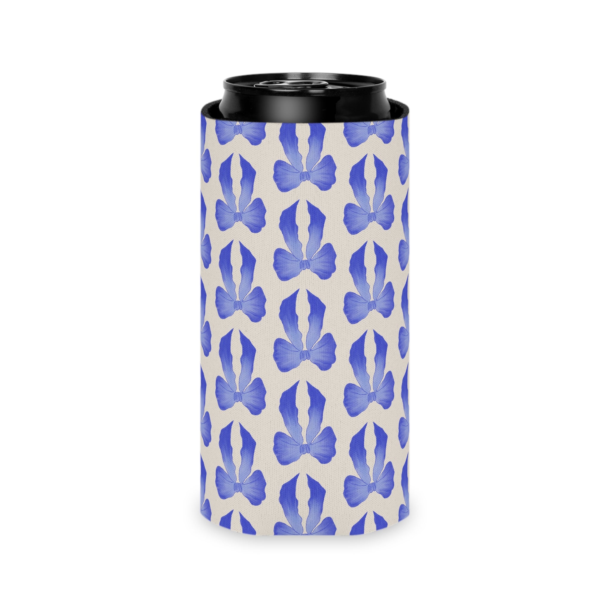 Can Cooler — Blue Watercolor Bow Pattern Drink Insulator