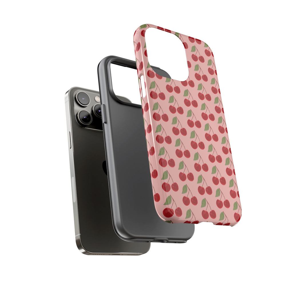 Cherry Pattern Tough Phone Case — Cute Pink Retro Fruit Protective Cover