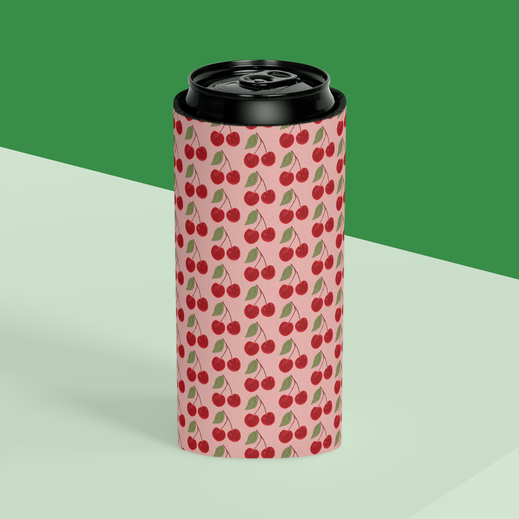 Cherry Pattern Can Cooler — Retro Pink Cherry Drink Koozie