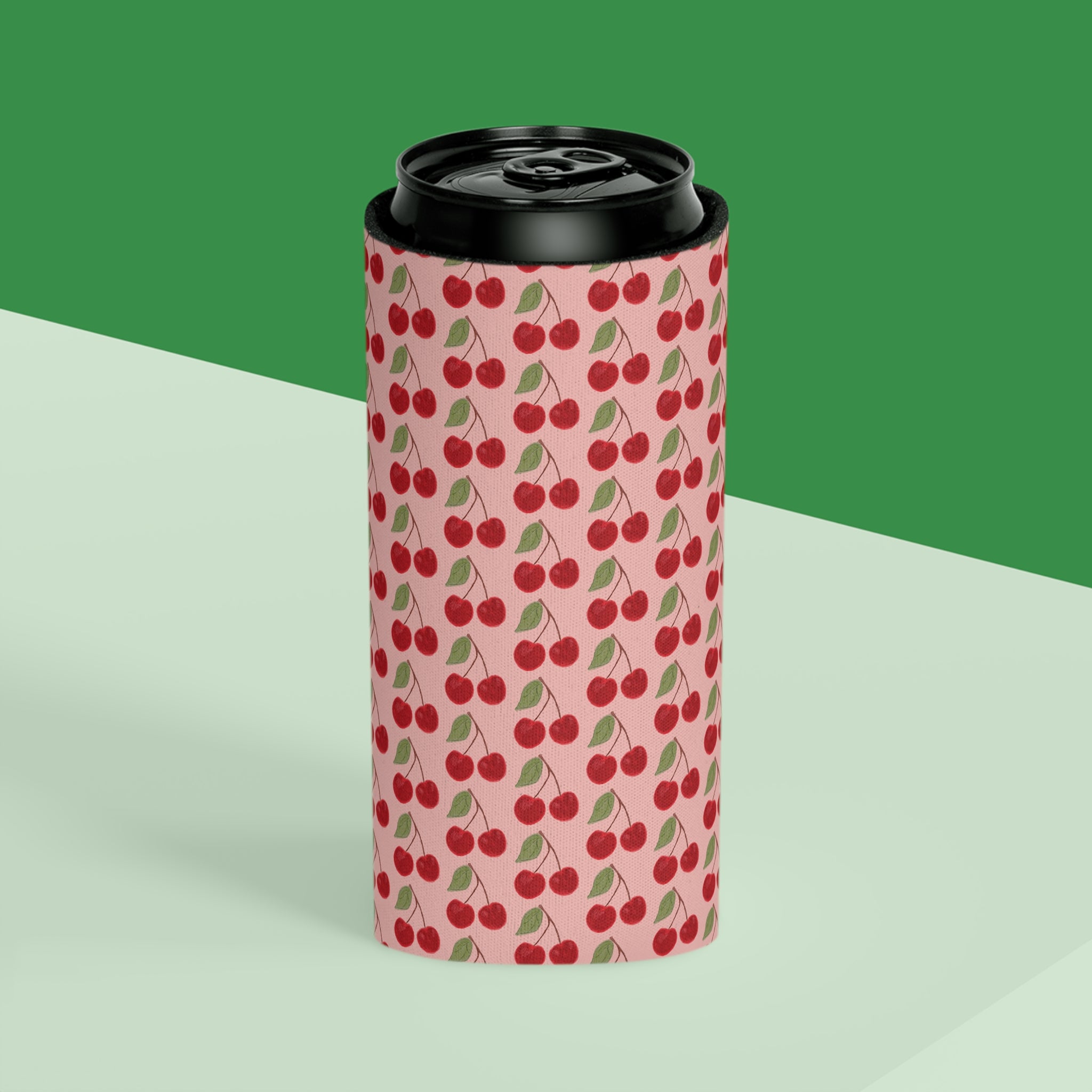 Cherry Pattern Can Cooler — Retro Pink Cherry Drink Koozie