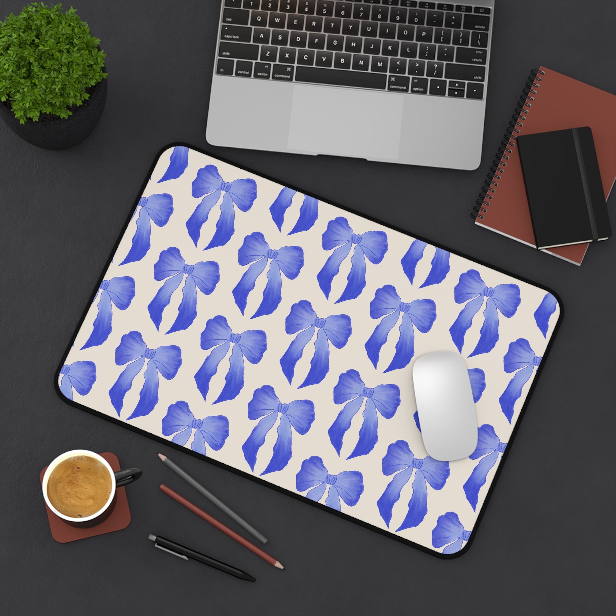 Blue Ribbon Bow Desk Mat — Floral Patterned Mouse Pad