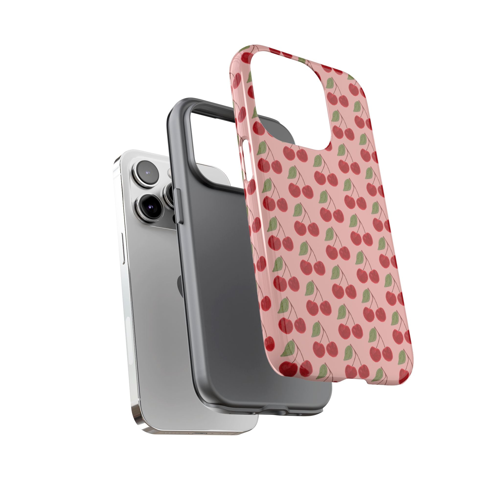 Cherry Pattern Tough Phone Case — Cute Pink Retro Fruit Protective Cover