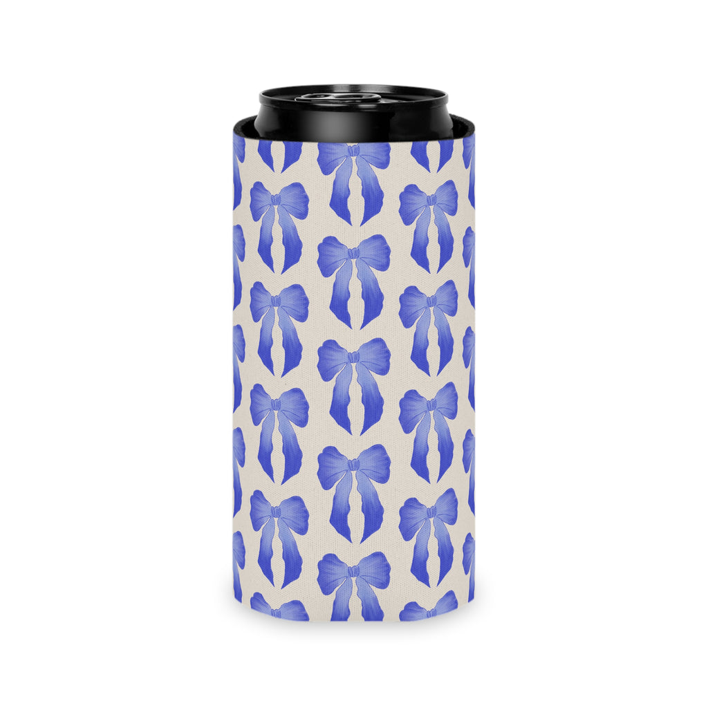 Can Cooler — Blue Watercolor Bow Pattern Drink Insulator