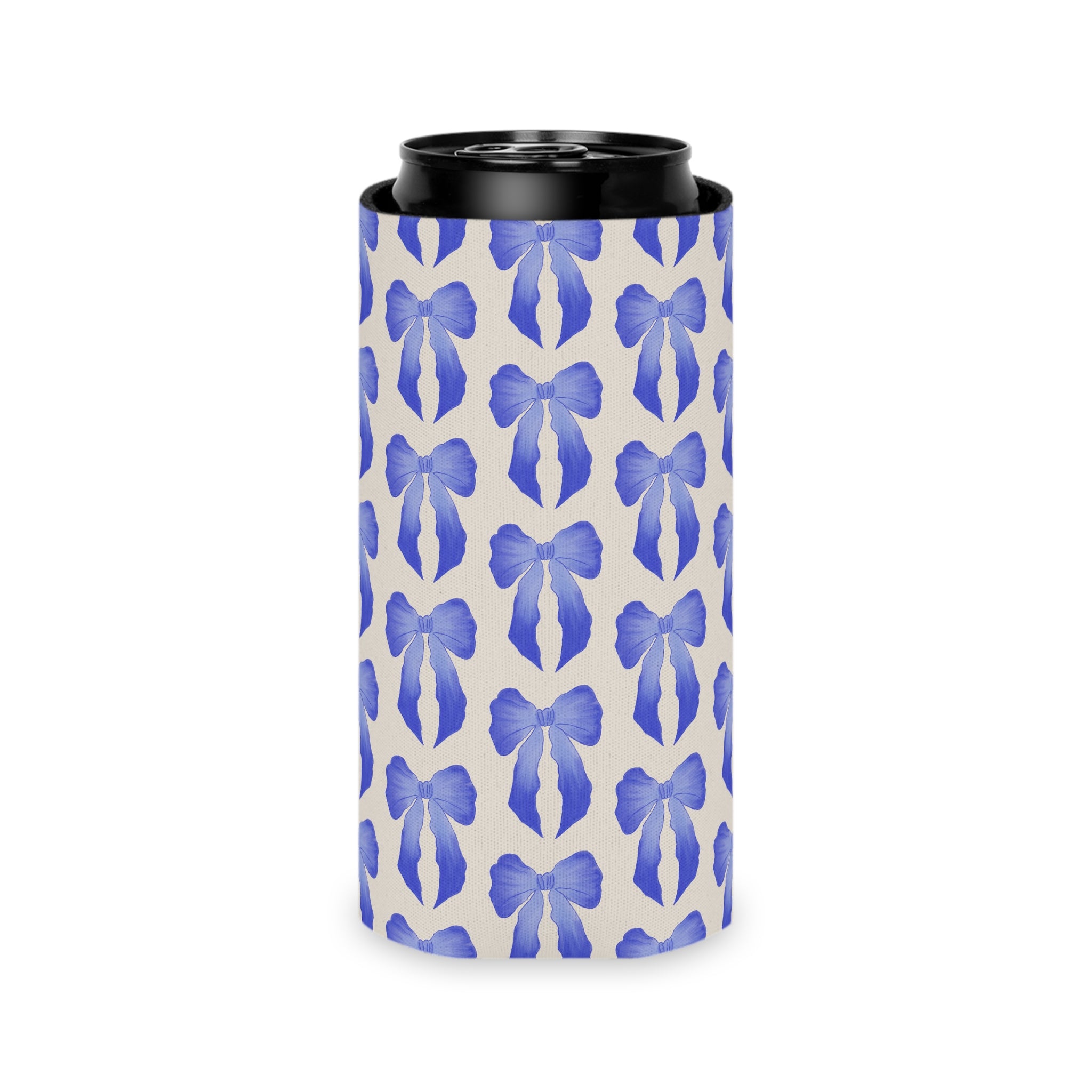 Can Cooler — Blue Watercolor Bow Pattern Drink Insulator