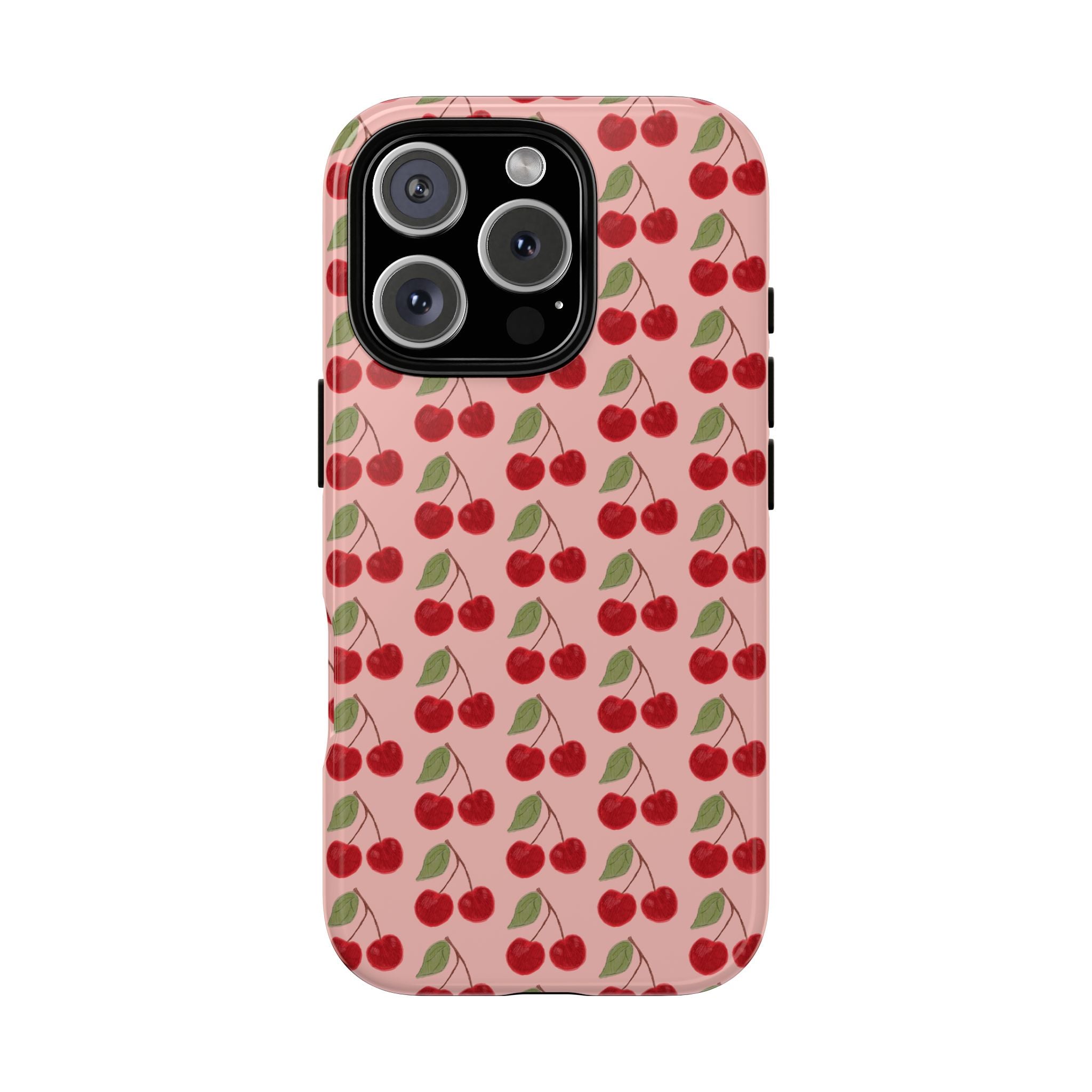 Cherry Pattern Tough Phone Case — Cute Pink Retro Fruit Protective Cover