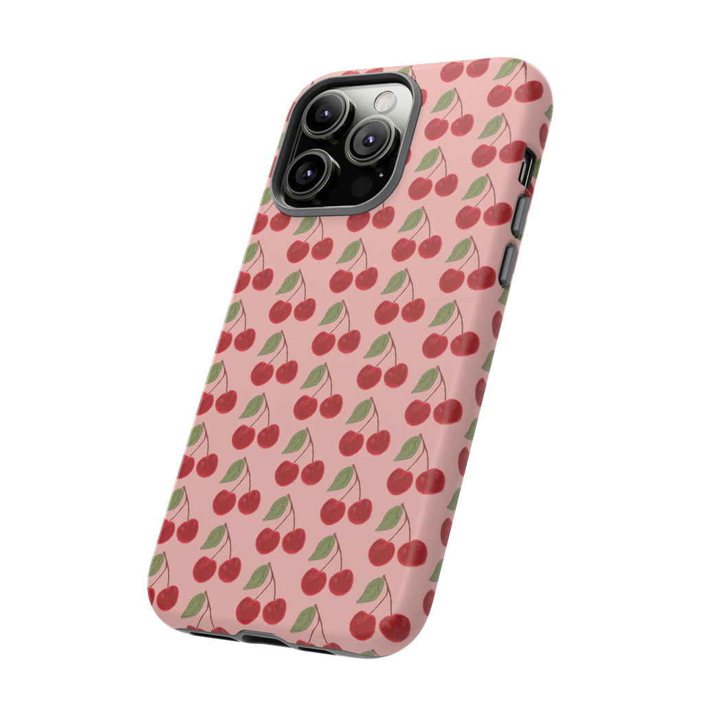 Cherry Pattern Tough Phone Case — Cute Pink Retro Fruit Protective Cover