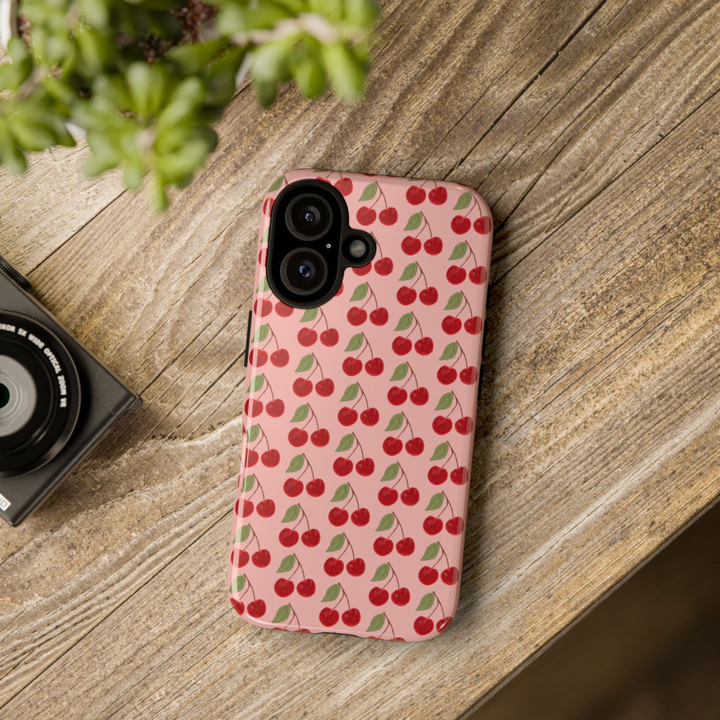 Cherry Pattern Tough Phone Case — Cute Pink Retro Fruit Protective Cover