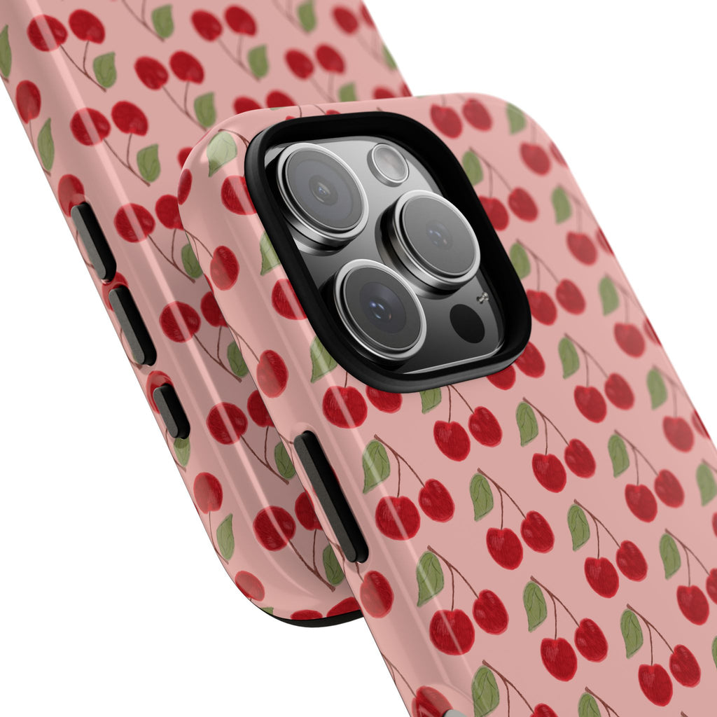 Cherry Pattern Tough Phone Case — Cute Pink Retro Fruit Protective Cover