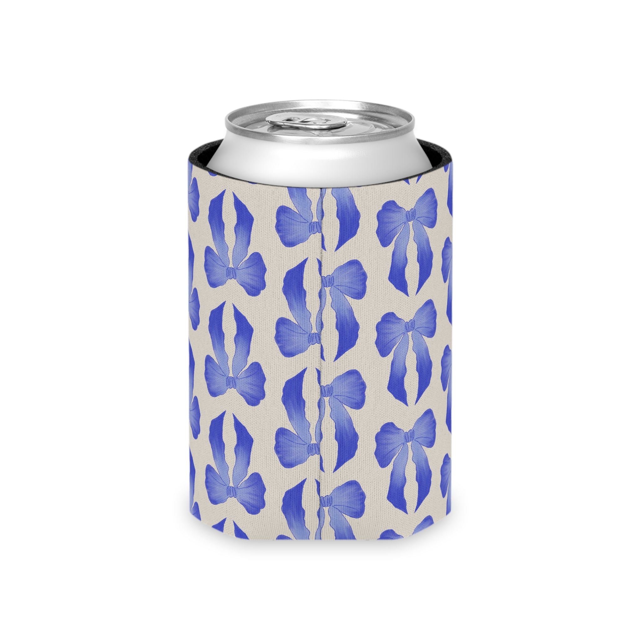 Can Cooler — Blue Watercolor Bow Pattern Drink Insulator