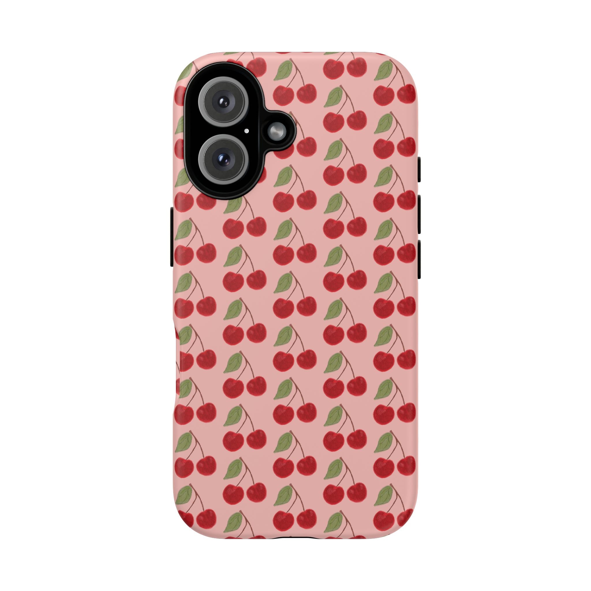 Cherry Pattern Tough Phone Case — Cute Pink Retro Fruit Protective Cover