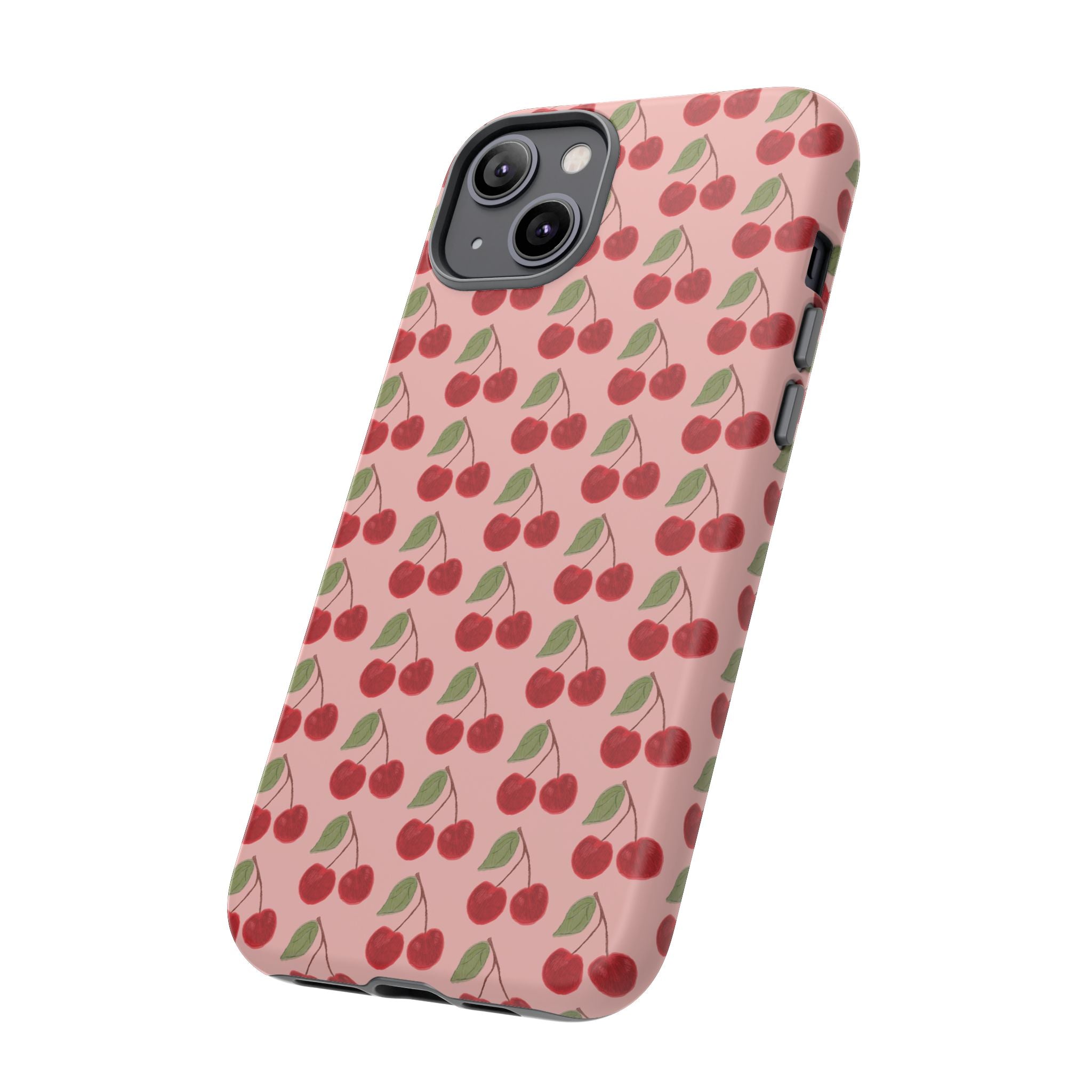 Cherry Pattern Tough Phone Case — Cute Pink Retro Fruit Protective Cover