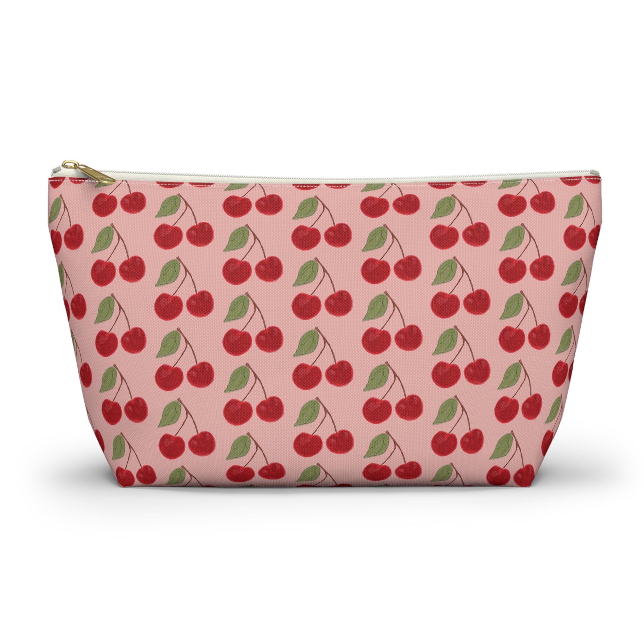 Cherry Pattern Accessory Pouch — Pink Cosmetic Bag with T-Bottom