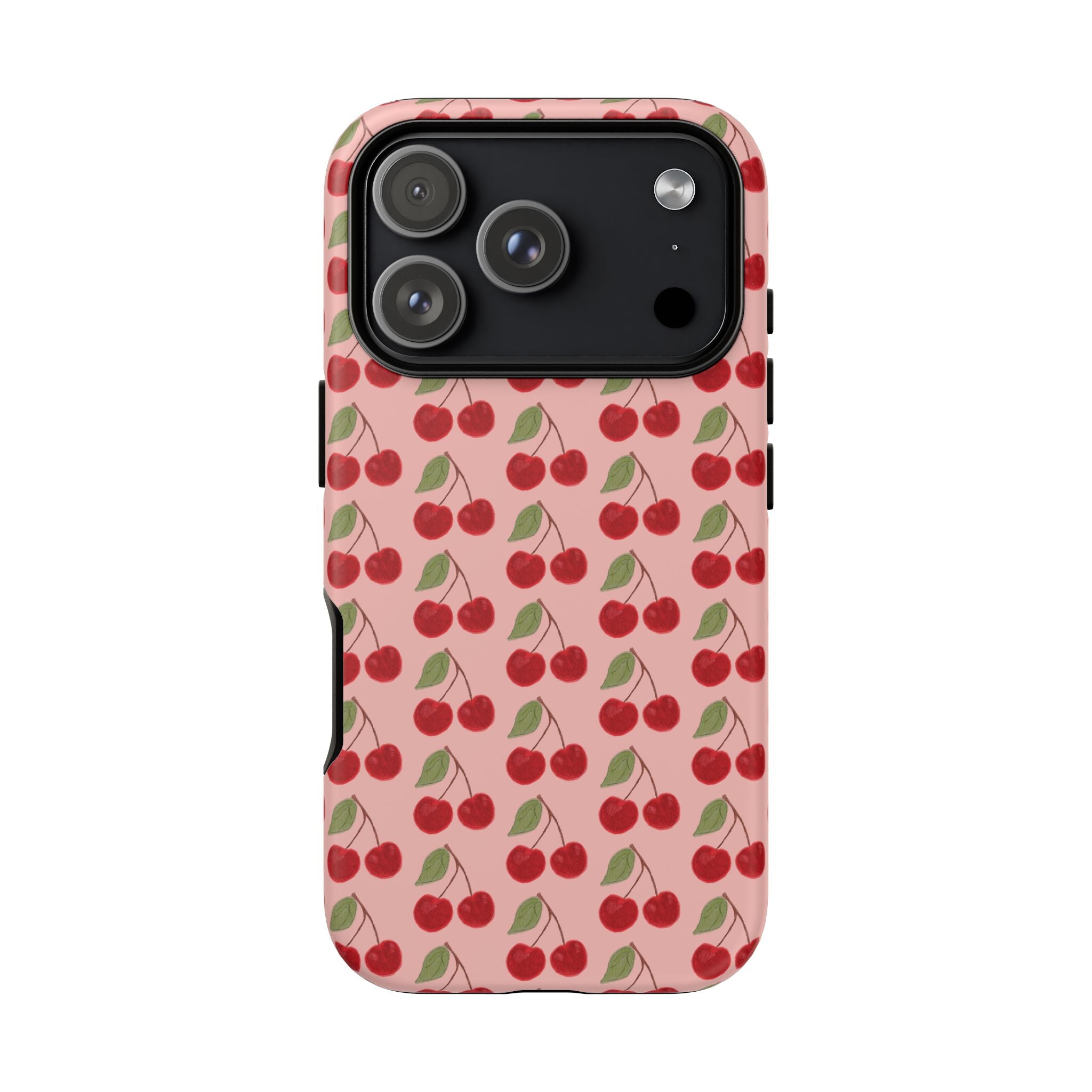 Cherry Pattern Tough Phone Case — Cute Pink Retro Fruit Protective Cover