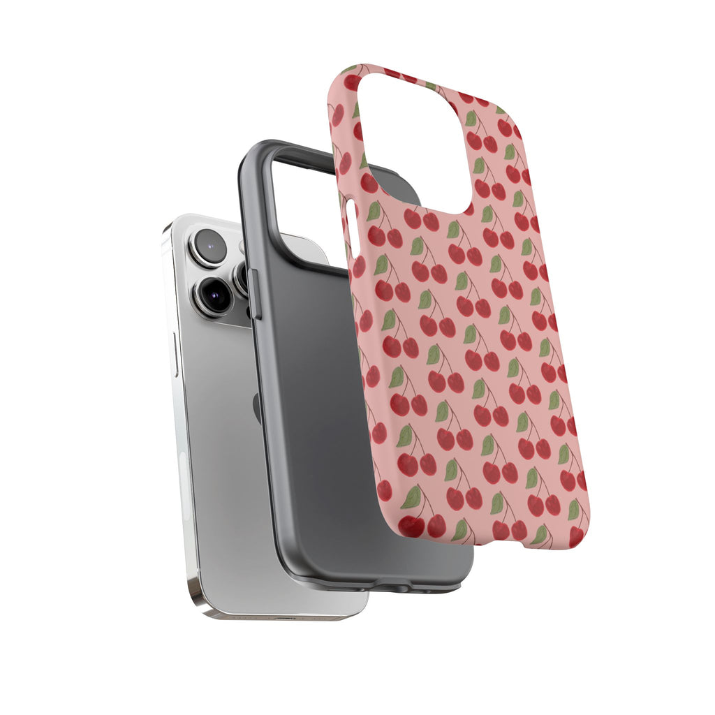 Cherry Pattern Tough Phone Case — Cute Pink Retro Fruit Protective Cover