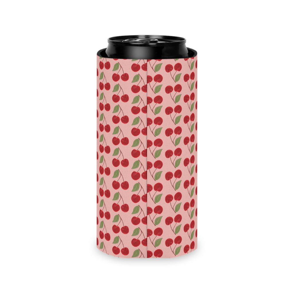 Cherry Pattern Can Cooler — Retro Pink Cherry Drink Koozie