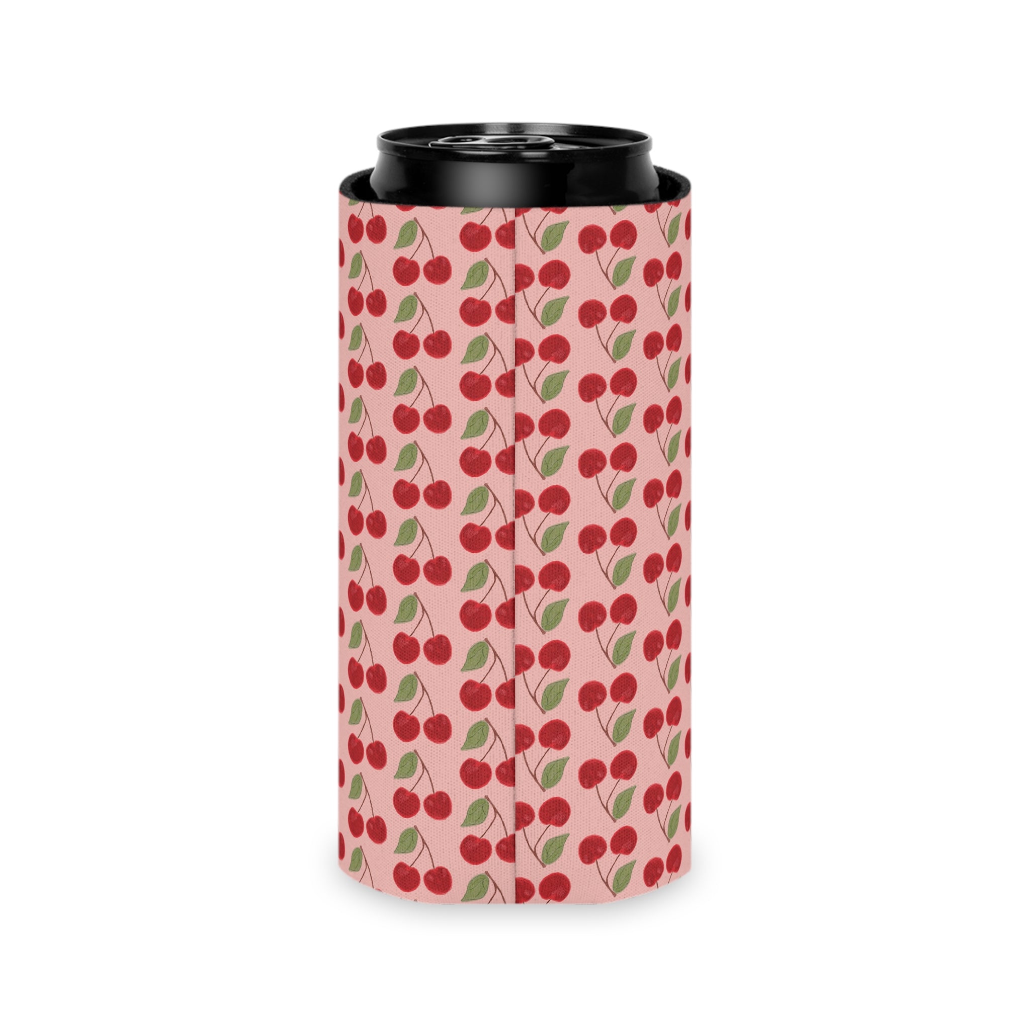 Cherry Pattern Can Cooler — Retro Pink Cherry Drink Koozie