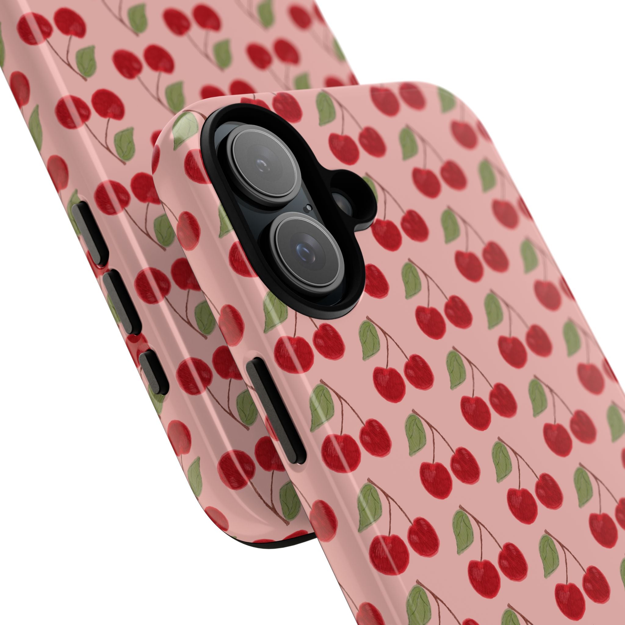 Cherry Pattern Tough Phone Case — Cute Pink Retro Fruit Protective Cover