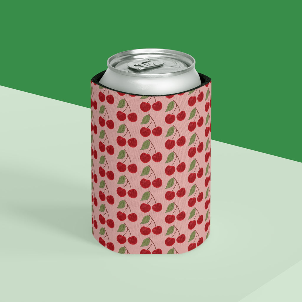 Cherry Pattern Can Cooler — Retro Pink Cherry Drink Koozie