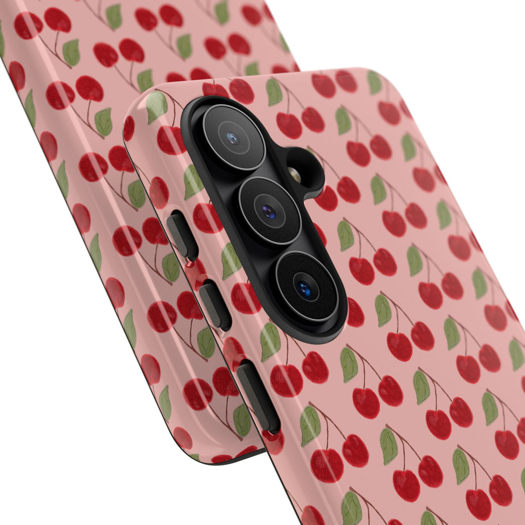 Cherry Pattern Tough Phone Case — Cute Pink Retro Fruit Protective Cover