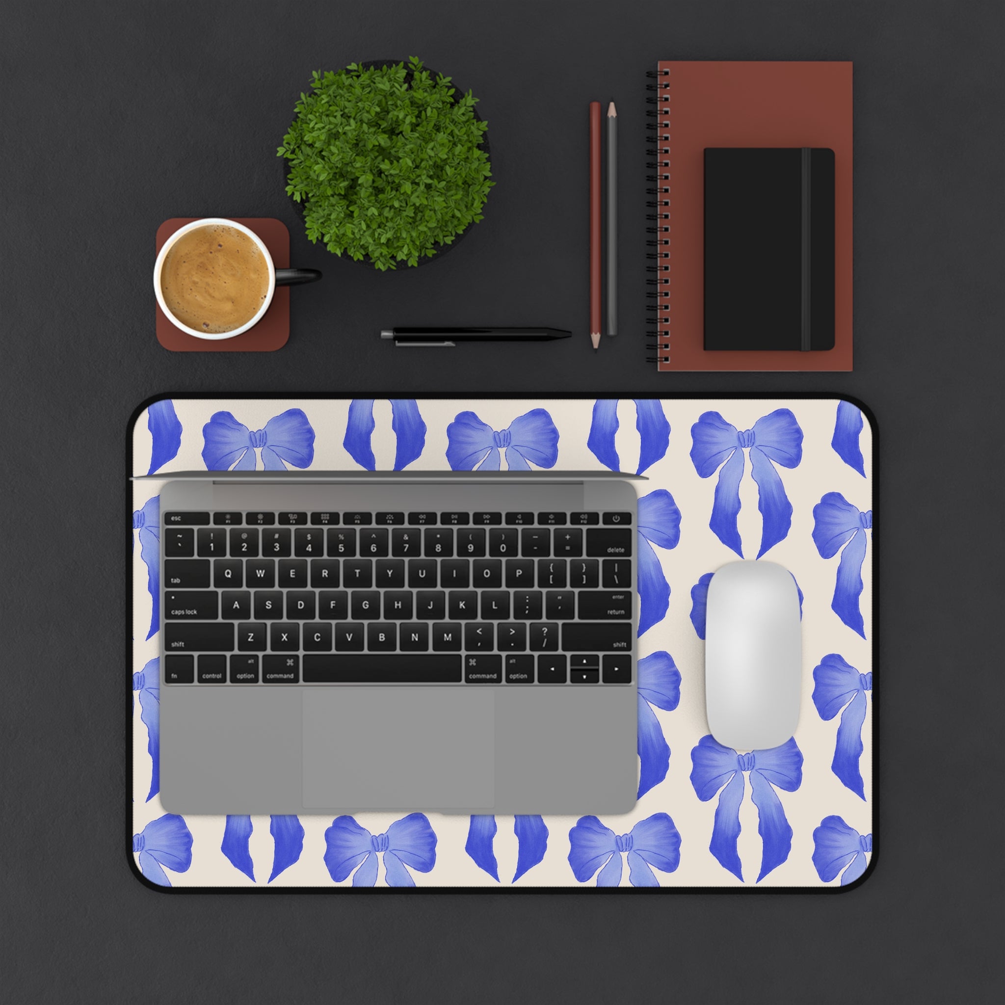 Blue Ribbon Bow Desk Mat — Floral Patterned Mouse Pad