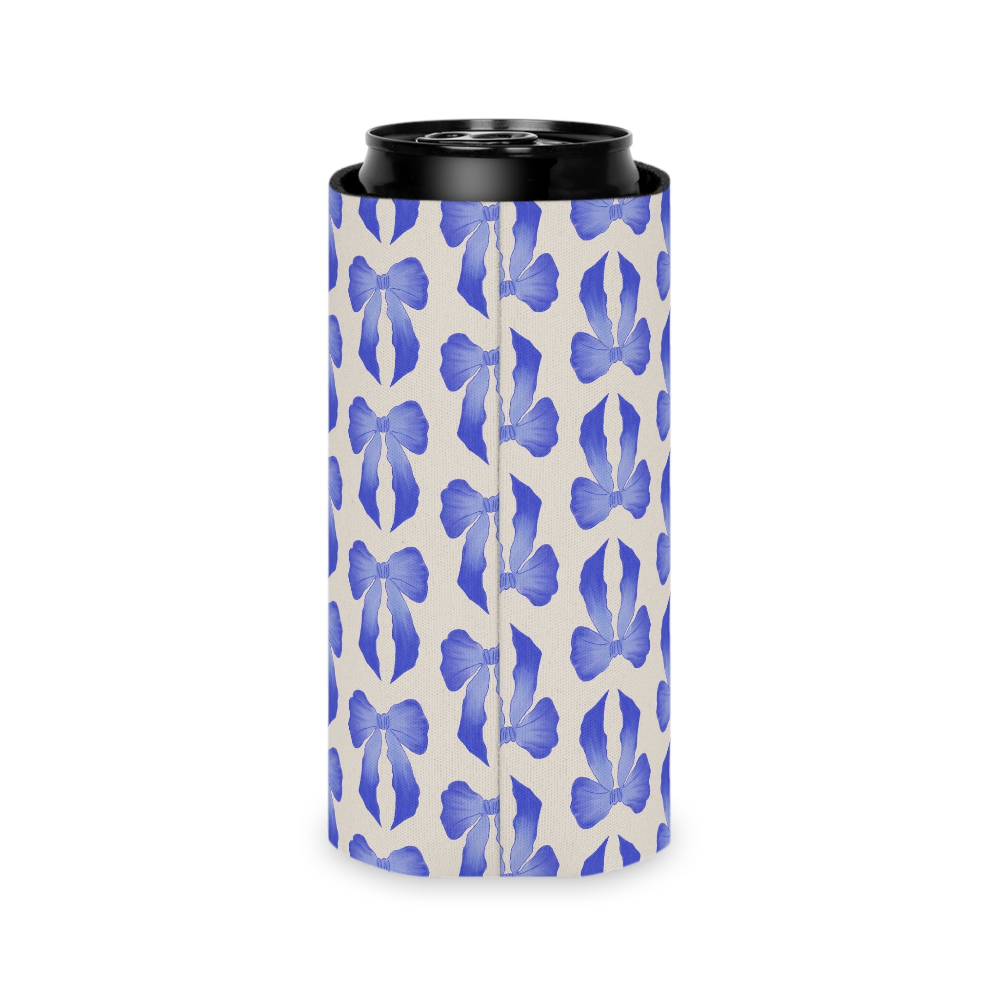 Can Cooler — Blue Watercolor Bow Pattern Drink Insulator