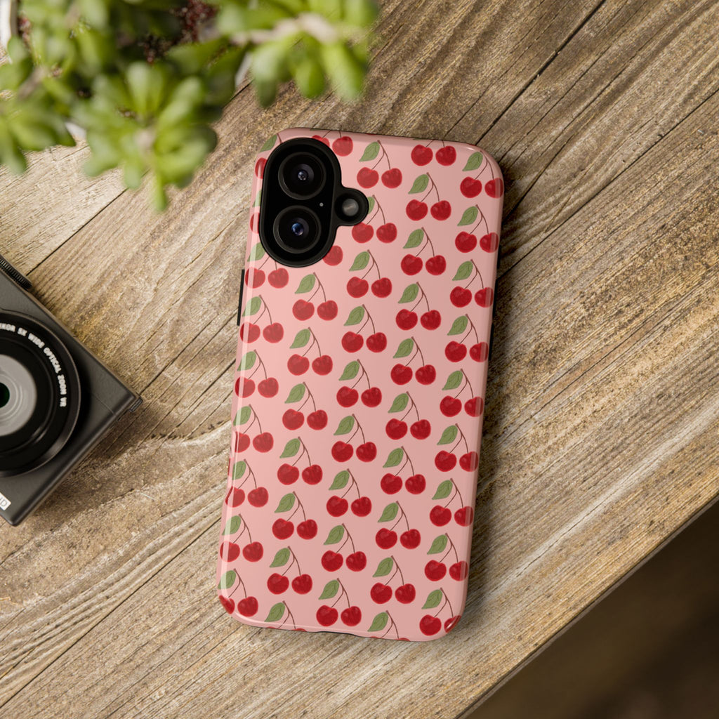 Cherry Pattern Tough Phone Case — Cute Pink Retro Fruit Protective Cover