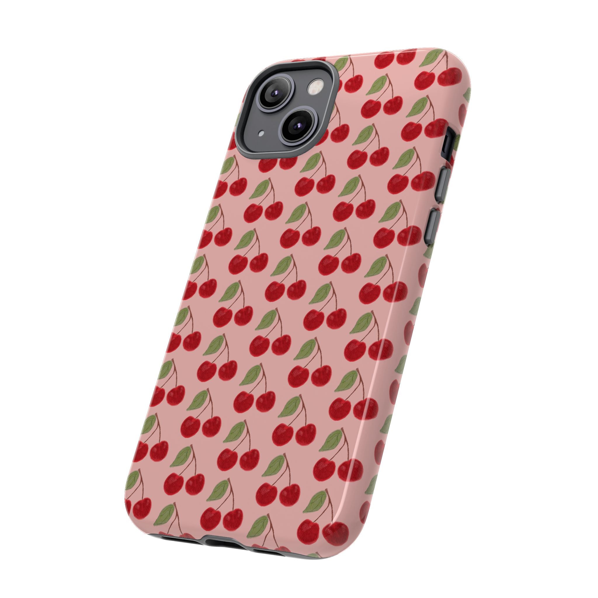 Cherry Pattern Tough Phone Case — Cute Pink Retro Fruit Protective Cover