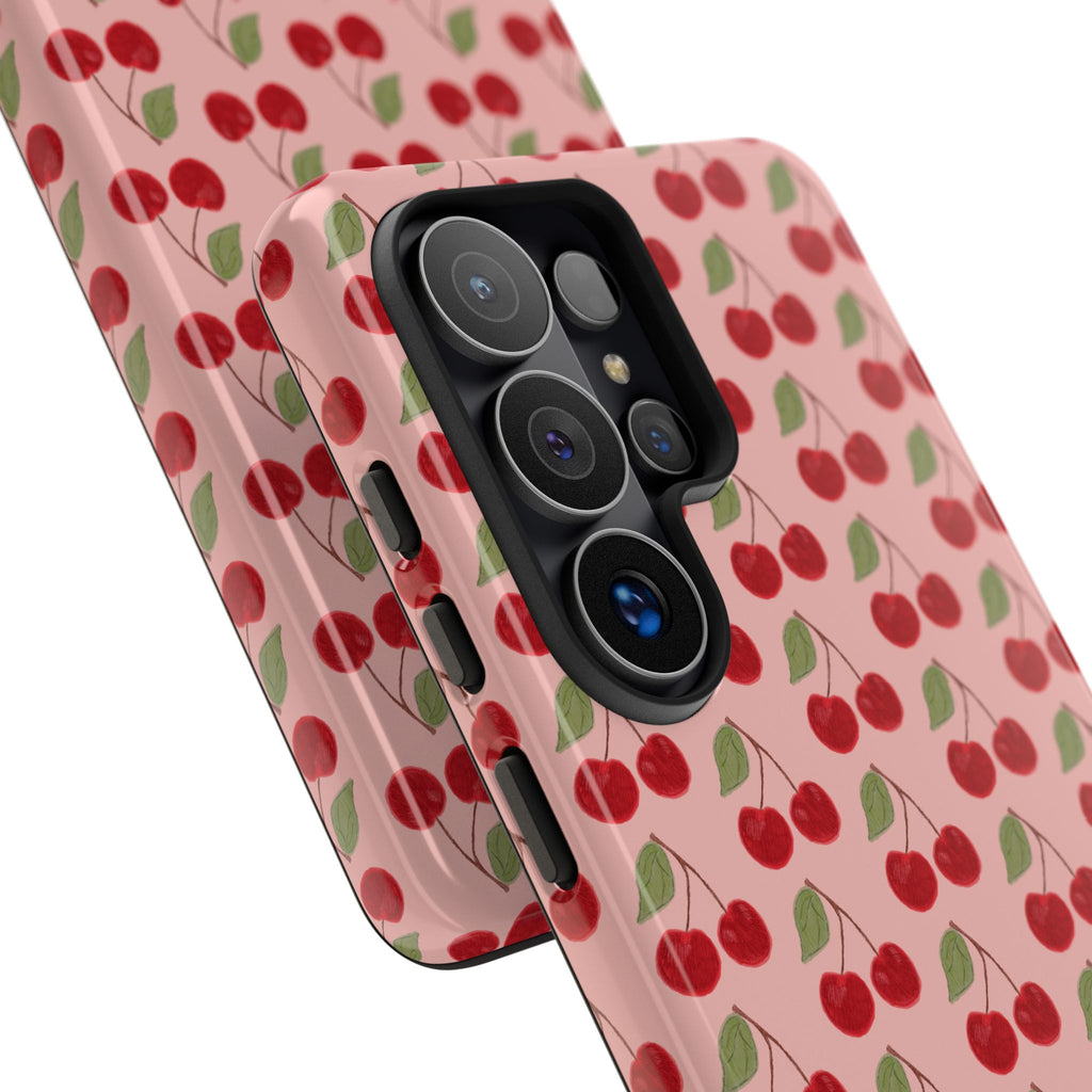 Cherry Pattern Tough Phone Case — Cute Pink Retro Fruit Protective Cover