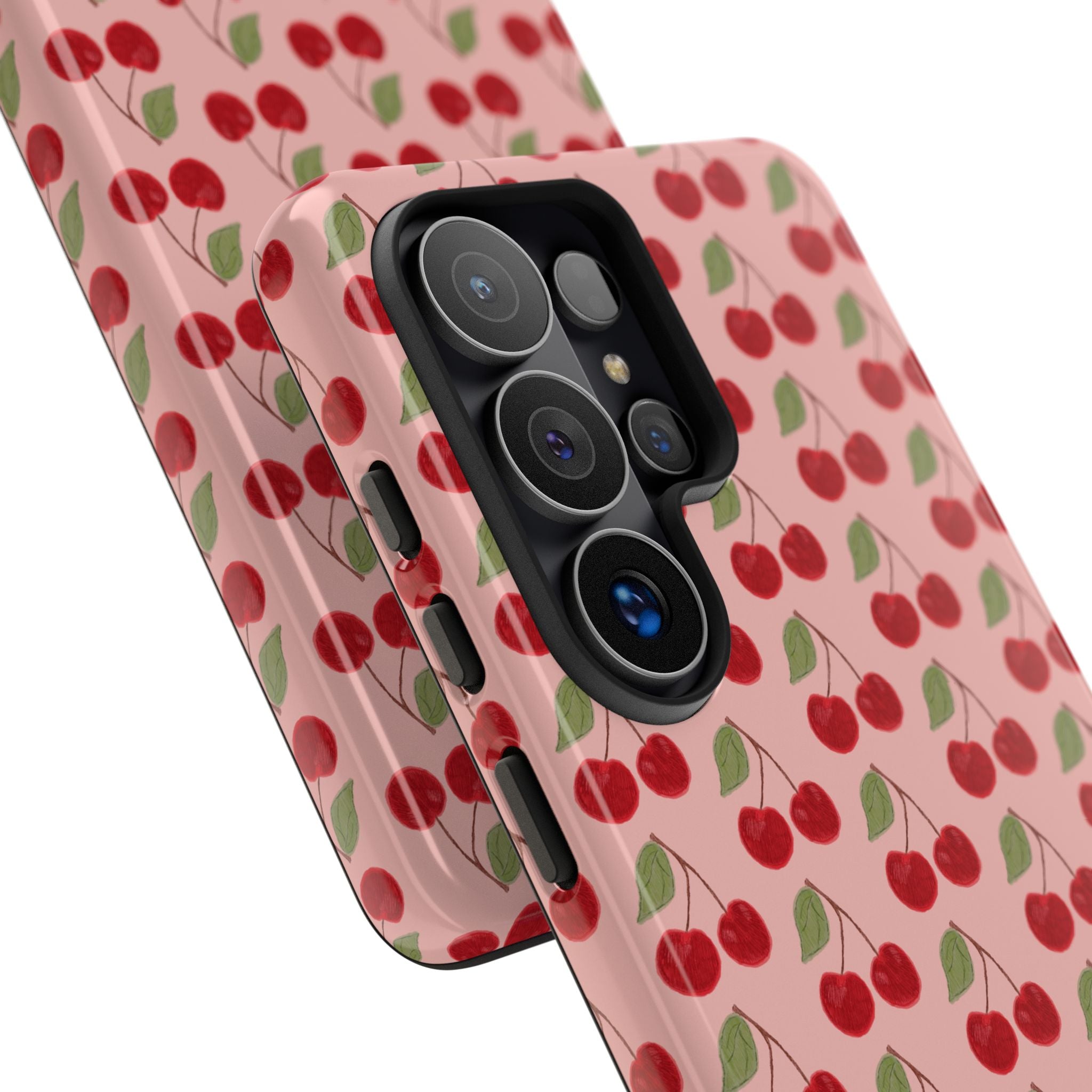 Cherry Pattern Tough Phone Case — Cute Pink Retro Fruit Protective Cover